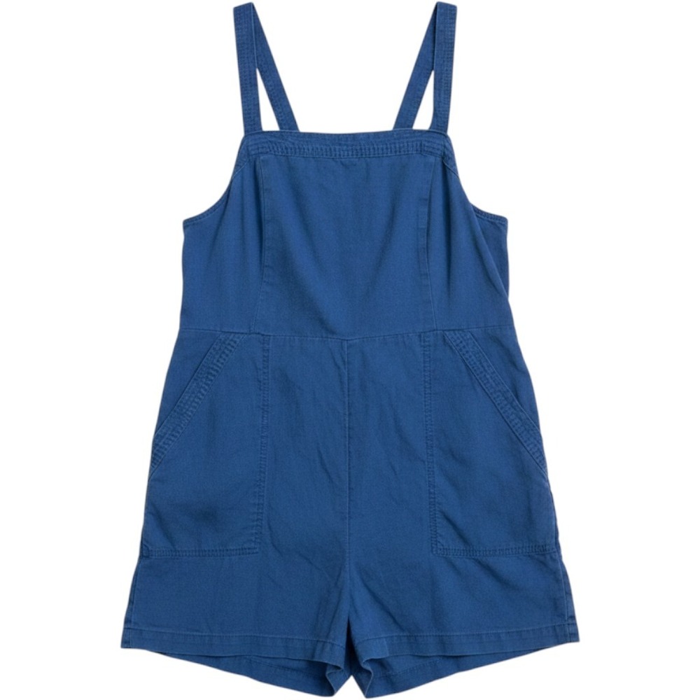 Old Navy Romper Women L Blue Linen Blend Smocked Back Pockets Strappy